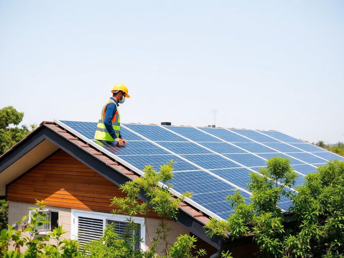 Technician installing rooftop solar panels on an Indian home
